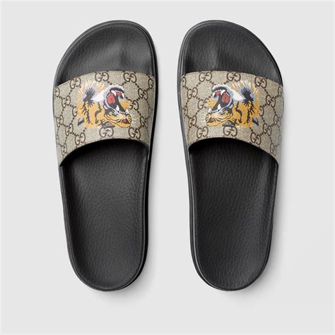 gucci men's gg supreme st tiger pool slide sandals|Gucci slide Gg Supreme.